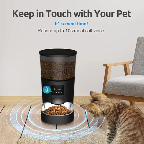 Vista 4 de Boyarca Comedero automático para mascotas de funcionamiento manual, alimentador automático para perros con bolsa desecante, alimentadores