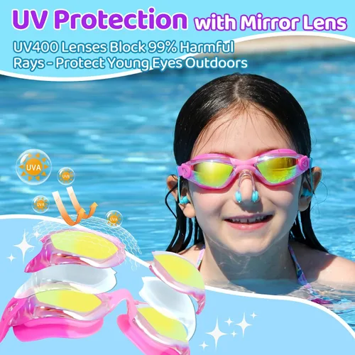 Vista 2 de Vvinca Swimming Goggles for Kids 3-15 years-2 Pack, Kids Goggles Anti-Fog/UV No Leaking Swim Goggles for Kids
