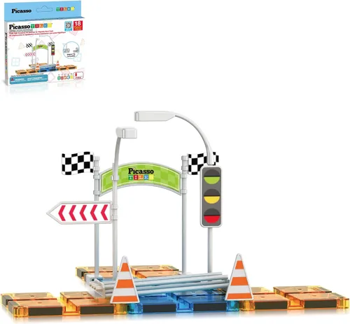 Vista 9 de PicassoTiles Azulejos Magnéticos de Construcción Pista de Autos Vehículo Magnético Tema de Aventura Calle Impresa Carretera Pista Autopista Bloque