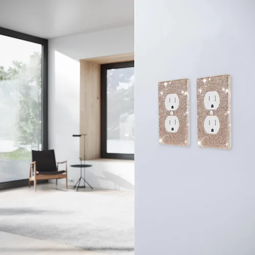Vista 5 de Alanfox 2 placas de pared con diamantes de imitación de cristal dorado, cubiertas brillantes para interruptor de luz, cubiertas de placa de pared