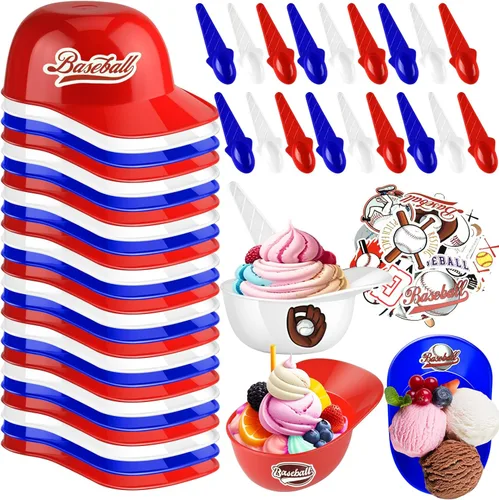 Vista 13 de MEEZY Juego de 16 cuencos de helado con diseño de casco de béisbol con 8 mini tazas de postre y 8 cucharas, 8 onzas. Cuencos reutilizables