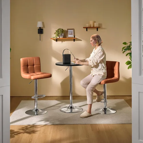 Vista 2 de Yaheetech Mesa de bar redonda, altura ajustable y mesas giratorias de 360°, mesa de cóctel con parte superior de MDF, base de patas plateada