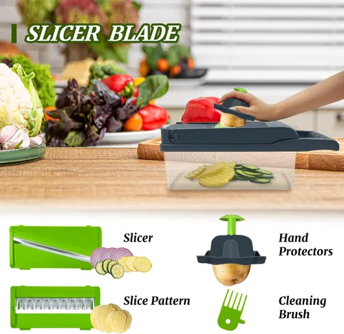 Vista 4 de Picador de verduras, multifuncional 14 en 1, picador de verduras de cocina con 8 cuchillas, cortador de cebolla profesional, cortador de verduras