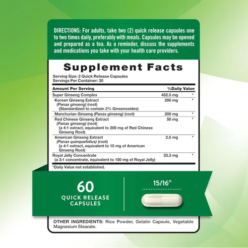 Vista 2 de Super Ginseng Complex 60 cápsulas con jalea real de extracto de ginseng sin OMG, suplemento sin gluten por Nature's Truth