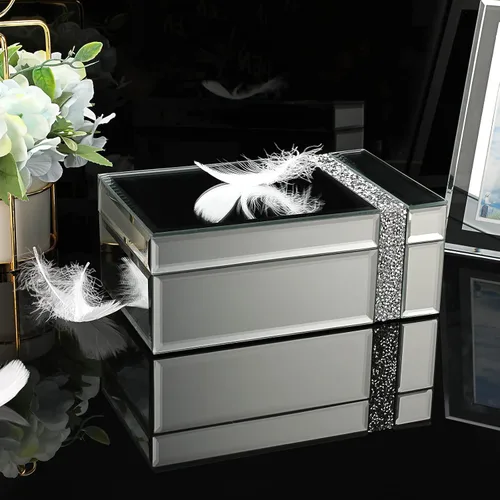 Vista 7 de ELLDOO Joyero de cristal con espejo con decoración de tiras de diamantes triturados, caja organizadora de lujo para baratijas, caja decorativa, caja