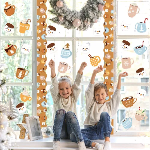 Vista 9 de Tableros de Anuncios de Navidad e Invierno - 115Pcs Set de Diseño de Taza de Cacao de Invierno con Puntos de Pegamento, Cartulina Duradera y Taza