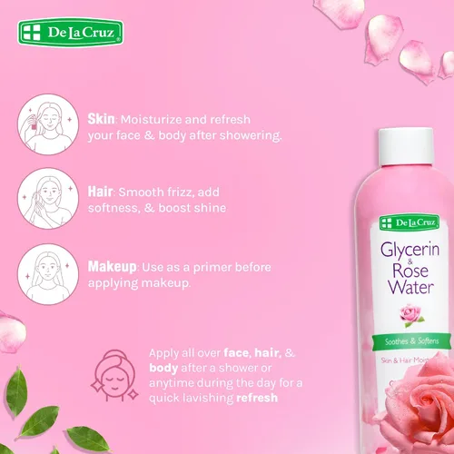 Vista 6 de De La Cruz Agua de rosas y glicerina para rostro - Tónico facial de agua de rosas e hidratante para piel y cabello, 8 fl oz (8.0 fl oz) - 3 botellas