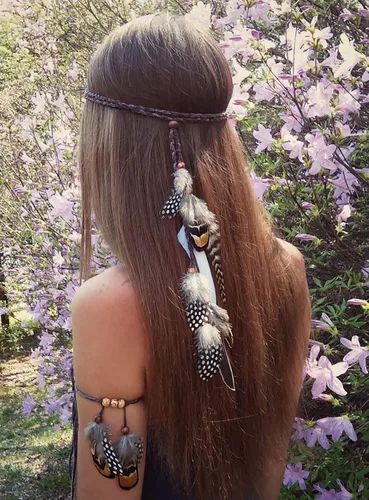 Vista 2 de Juego de 2 tocados y brazaletes de plumas hippie gitanas, tocados bohemios, hechos a mano, tocado tribal indio, diadema de plumas, accesorios