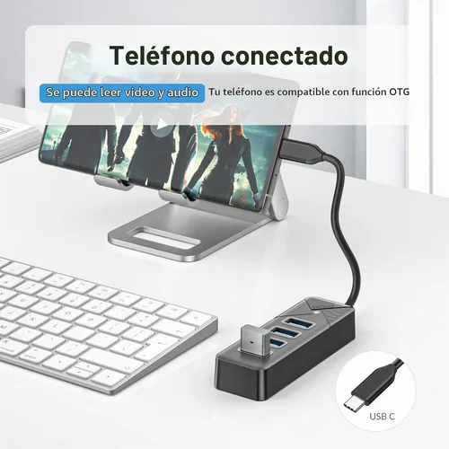 Vista 3 de GiGimundo Hub USB C de 4 puertos para laptop, adaptador multipuerto USB C a USB Hub transferencia de 5 Gbps, divisor USB C para laptop, MacBook Negro