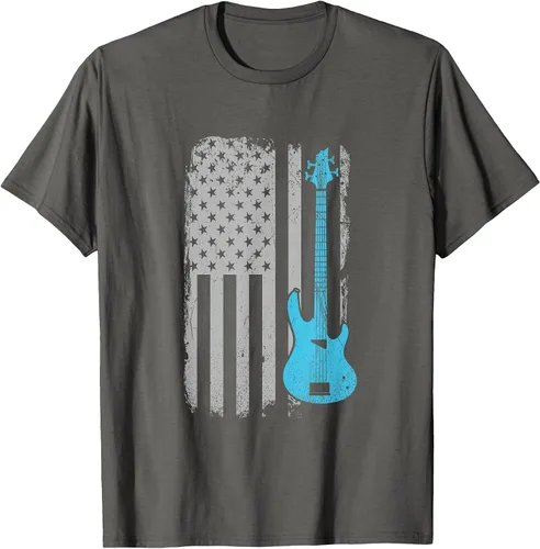 Vista 6 de Electric Bass Guitar Player American Flag Musician T-Shirt Asphalt Grey