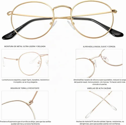 Vista 4 de Pro Acme Round Metal Glasses for Women Men, Vintage Clear Lens Eyewear A1 - Oro