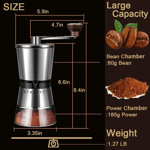 Vista 10 de Molinillo de café manual de precisión para uso doméstico, 8 ajustes de grosor ajustables, con cerámica universal para viajes y campamento Blanco