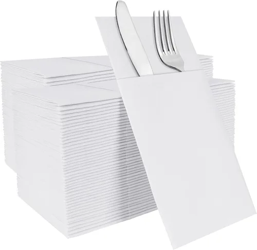 Vista 20 de Servilletas negras desechables con sensación de lino con bolsillo integrado para cubiertos, preplegadas para cuchillos y tenedores, servilletas