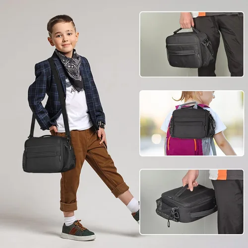 Vista 2 de Cerbonny Lonchera para niños, bolsa de almuerzo aislada para niñas y niños, poliéster duradero con forro de PEVA, correa de hombro ajustable, 10.8