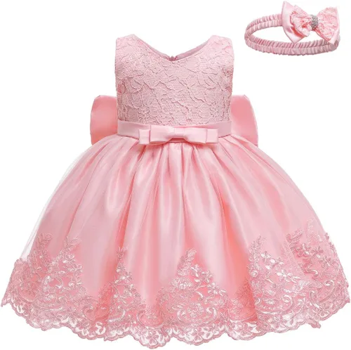 Vista 2 de LZH - Vestido para niñas bebé con volante, encaje, espalda descubierta y lazo - Incluye accesorio para la cabeza - Vestido con flores para desfile