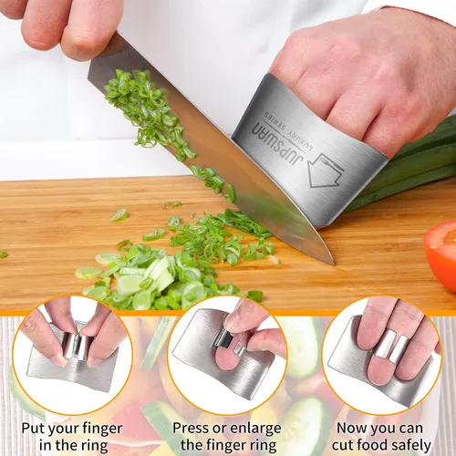 Vista 5 de Jupswan 8 protectores de dedos para cortar herramienta de cocina, protector de dedos de acero inoxidable para evitar dañar al cortar y cortar