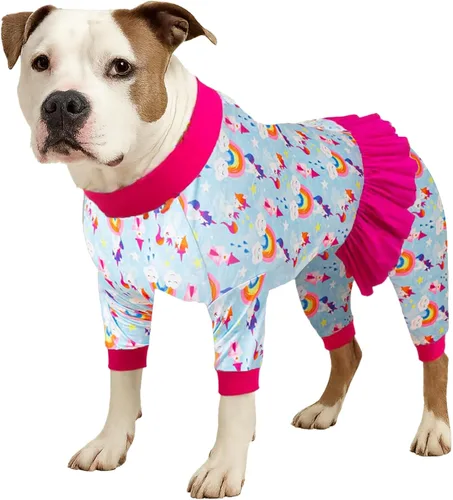 Vista 19 de LovinPet Pijamas Grandes para Perros – Camisa de unicornio para perro, mameluco de recuperación poscirugía, sirenas y unicornios estampado Azul