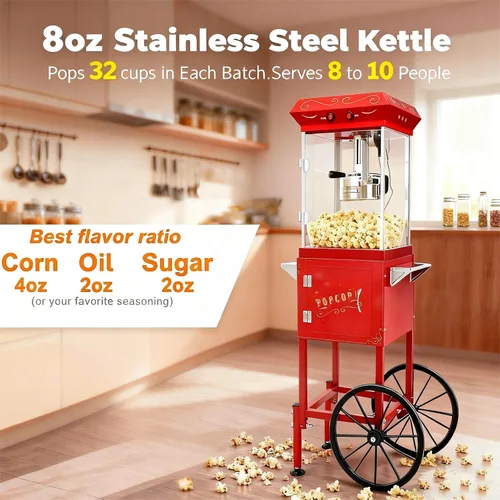 Vista 4 de Máquina de palomitas de maíz de 8 onzas con carrito y ruedas, máquina para hacer palomitas de maíz, estilo cine para el hogar, fiestas, Navidad, uso