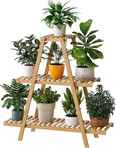 Vista 10 de Soporte de bambú para plantas interior/exterior, 3 niveles, negro, rectangular, 8 macetas para flores, estante para plantas