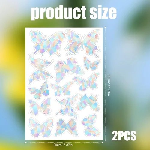 Vista 2 de Lasuroa 2 hojas de calcomanías para ventana, diseño de mariposa, arco iris, atrapa el sol, calcomanías para ventana para evitar golpes de pájaros