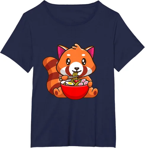 Vista 11 de Camiseta Kawaii Anime Red Panda Eating Ramen Noodles, Negro, S