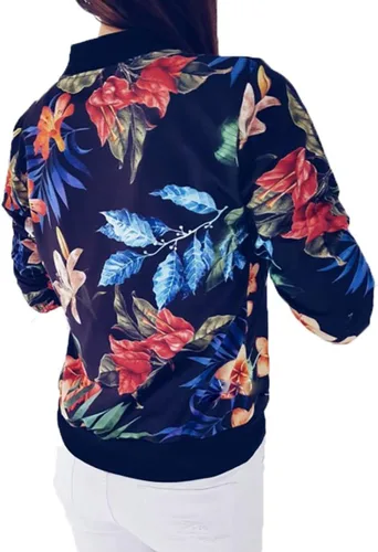 Vista 4 de Chaqueta de béisbol con cremallera floral de manga larga para mujer cortavientos hoja impresa otoño primavera trajes bombardero chaqueta