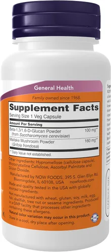 Vista 2 de NOW Suplementos alimenticios, Beta 1,3/1,6- D-Glucano 100 mg con hongos Maitake, 90 cápsulas vegetales