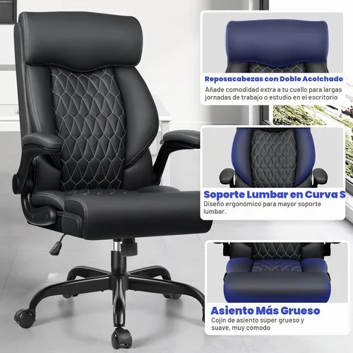 Vista 7 de Silla ejecutiva de oficina de respaldo alto - Escritorio ergonómico para computadora con función de balanceo, de cuero para gerencia