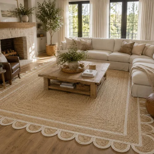 Vista 20 de Alfombra festoneada de yute natural, base natural con ribete blanco hueso, alfombra bohemia de granja hecha a mano con respaldo antideslizante