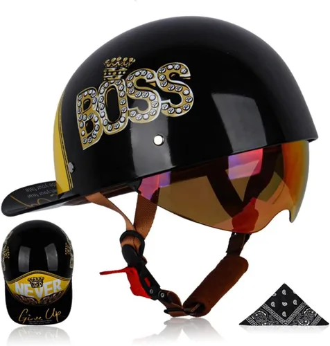 Vista 14 de Medio casco para motocicleta, gorra de béisbol retro, medios cascos con lente desplegable para adultos de calle, para hombres y mujeres