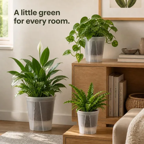 Vista 8 de Macetas de riego automático para plantas de interior, macetas transparentes con drenaje y depósito profundo, paquete de 9 macetas de riego