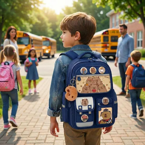 Vista 3 de Mochila Capybara impermeable, bolsa capybara Kawaii de gran capacidad con accesorios de 31 piezas, Azul