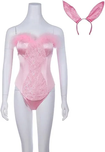 Vista 3 de Disfraz sexy de conejo de Elle Woods para mujer disfraz de conejo rosa disfraz de Halloween