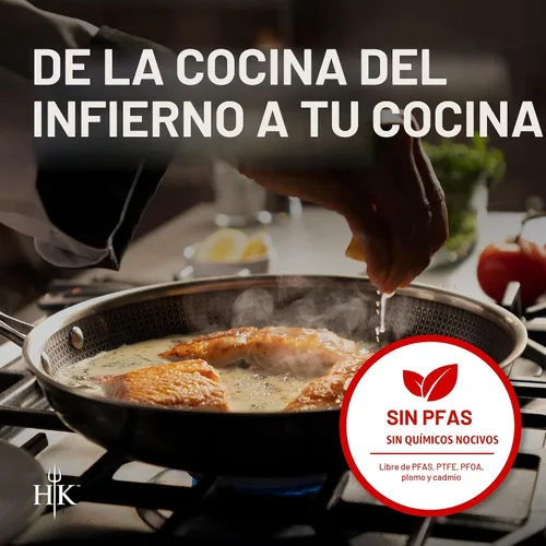 Vista 6 de Hell's Kitchen Sartén Híbrida de 8", Acero Inoxidable Tri-Clad y Cerámica Antiadherente Libre de PFAS, sin PFOA, sin PTFE, sin Teflón, Batería