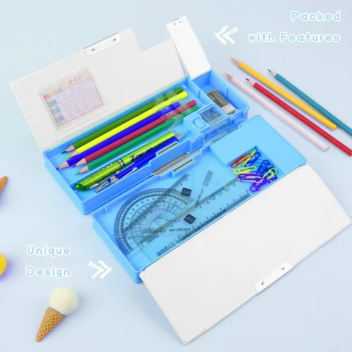 Vista 5 de 【Paquete de 2】 Estuche multifunción desplegable para niñas y niños, lindo organizador de dibujos animados con sacapuntas, horario, suministros