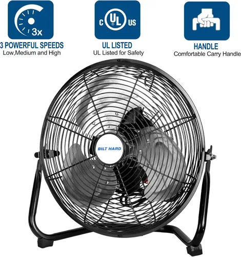 Vista 3 de BILT HARD Ventilador de piso de metal resistente de 3 velocidades de 12 pulgadas, 1680 CFM, inclinación de 180 grados, potente ventilador de flujo
