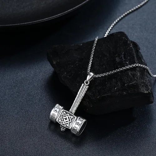 Vista 3 de Thor's Hammer Talismán Collar Colgante de amuleto vikingo de plata de ley S925 brújula nórdicasímbolo pagano celta Odin regalo para hombres