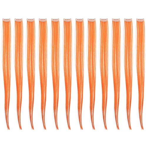 Vista 8 de SWACC 12 extensiones de cabello lacio de un color con clip, para mujer, extensiones de cabello sintético con rayas de color (rubio beige)