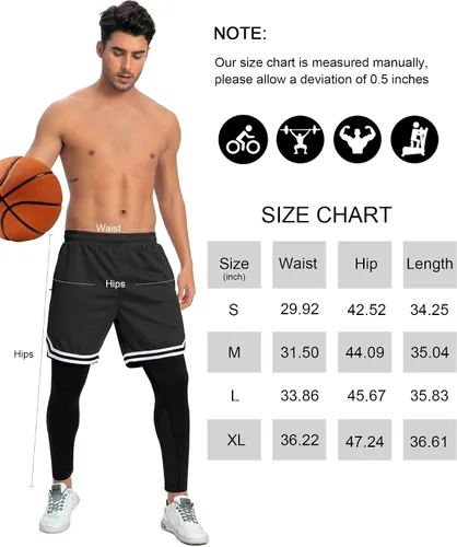 Vista 6 de SILKWORLD Pantalones de correr 2 en 1 para hombre, pantalones deportivos de compresión, leggings de entrenamiento con bolsillos con cremallera