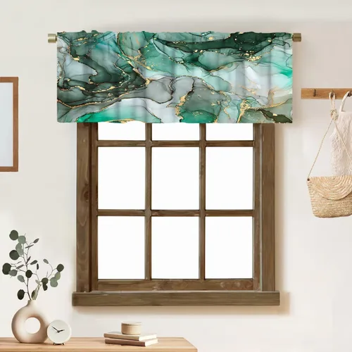 Vista 46 de Cortina de cenefa de mármol verde con venas doradas de mármol negro, diseño abstracto de lujo, elegante cenefa con bolsillo para barra, 1 panel