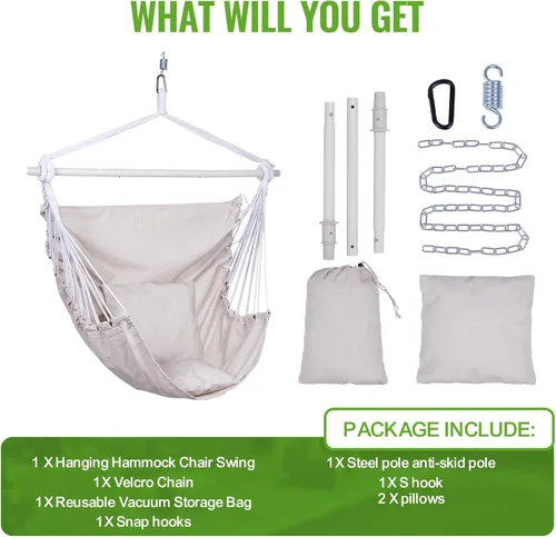 Vista 5 de Backyard Expressions Silla Hamaca Colgante con Cojines y Kit para Colgar – Capacidad de 500 lb, Tela de Mezcla de Algodón, para Uso