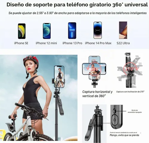 Vista 4 de Trípode de teléfono de 60 pulgadas y palo de selfie - Trípode para iPhone con control remoto, soporte extensible para teléfono celular