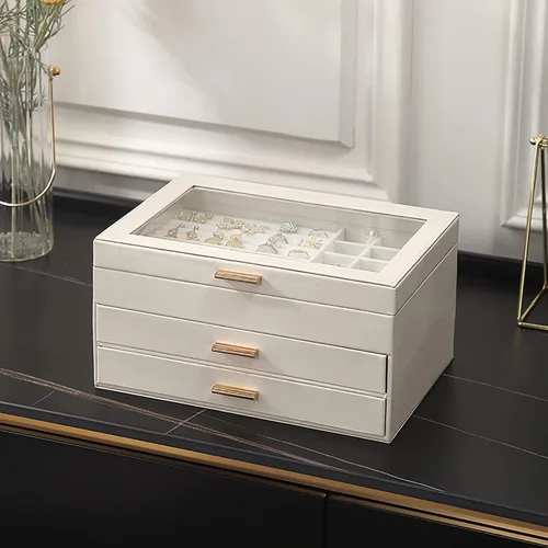 Vista 2 de Joyero de 3 capas con tapa de acrílico transparente, organizador de joyas de piel sintética para mujeres, adolescentes, niñas y niños, caja