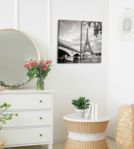 Vista 3 de París - Lienzo decorativo para pared, juego de 2 piezas, impresiones decorativas de varios paneles divididos, imagen de la torre Eiffel en blanco