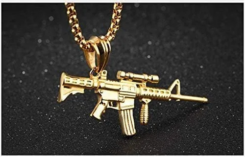 Vista 3 de Caiyao Collar de pistola de acero inoxidable Hip Pop AK47 estilo militar punk fresco colgante de rifle joyería para hombres y mujeres