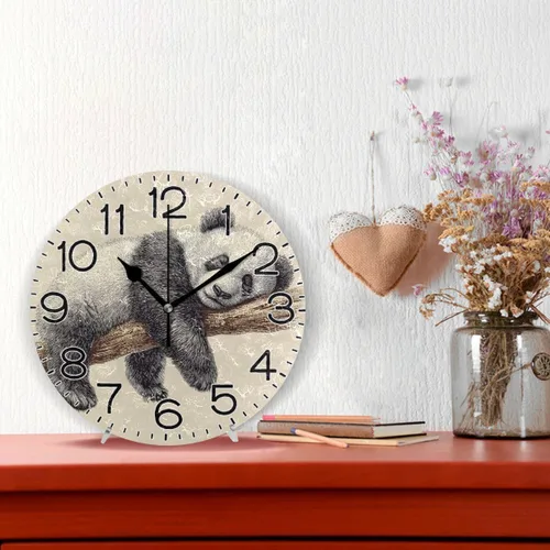 Vista 2 de ALAZA Reloj de pared con diseño de oso panda, funciona con pilas, silencioso, de cuarzo, analógico, rústico, estilo rústico, redondo, decoración
