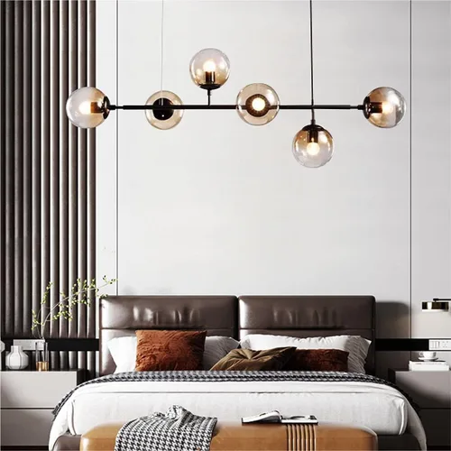 Vista 6 de BOKT Moderna lámpara colgante de bola de cristal de 6 luces para isla de cocina, lámpara colgante lineal para sala de estar, comedor