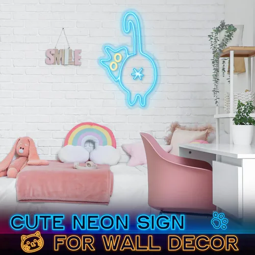 Vista 5 de Retisee Letrero de neón de gato con brillo ajustable, interruptor USB, decoración de pared, adorable letrero de neón para dormitorio, zoológico
