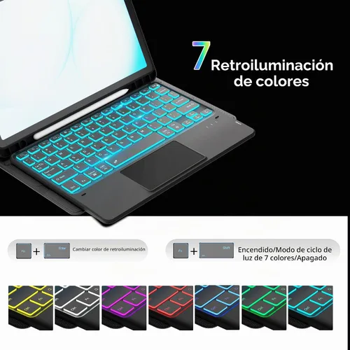 Vista 4 de Funda para Galaxy Tab A9+/A11+ de 11 pulgadas con teclado - Funda de tableta inalámbrica desmontable retroiluminada de 7 colores con panel táctil