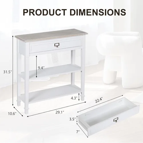 Vista 2 de kinbor Accent - Mesa consola blanca con cajón y estante, mesa de sofá de madera con almacenamiento para entrada, pasillo, sala de estar